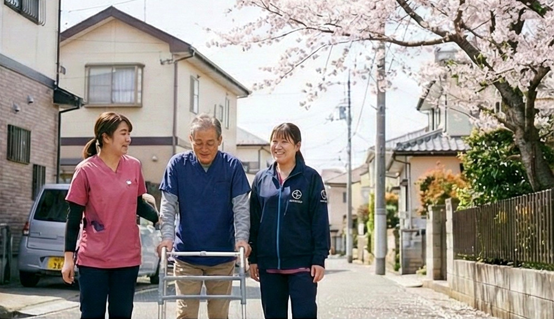 屋外で利用者さまと歩くスタッフの様子