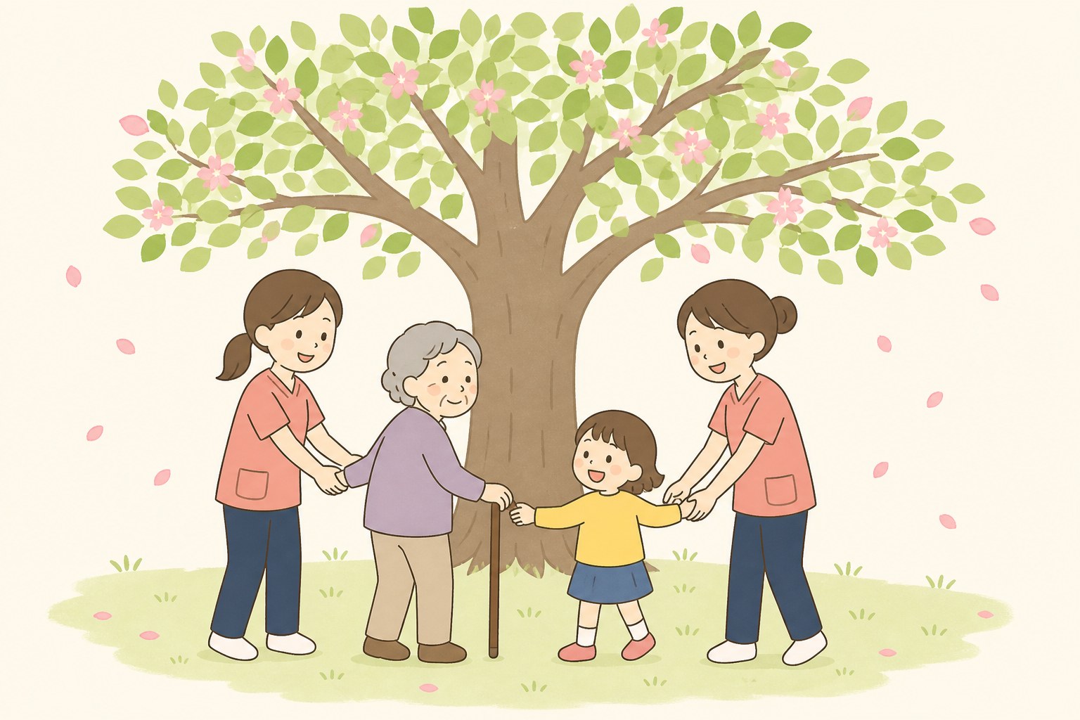 大きな木の下で手をつなぐ看護師と利用者さまのイラスト